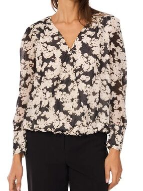 Vince Camuto Black Floral Surplice Blouse with Cream Print